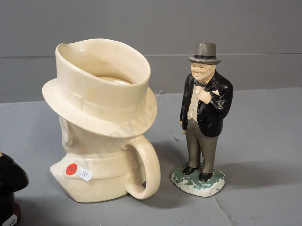 Winston Churchill items - Meakin character jug, Burleigh jug or vase, Wedgwood jasperware small plate, figure Image 1++
