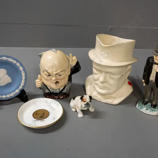 Winston Churchill items - Meakin character jug, Burleigh jug or vase, Wedgwood jasperware small plate, figure