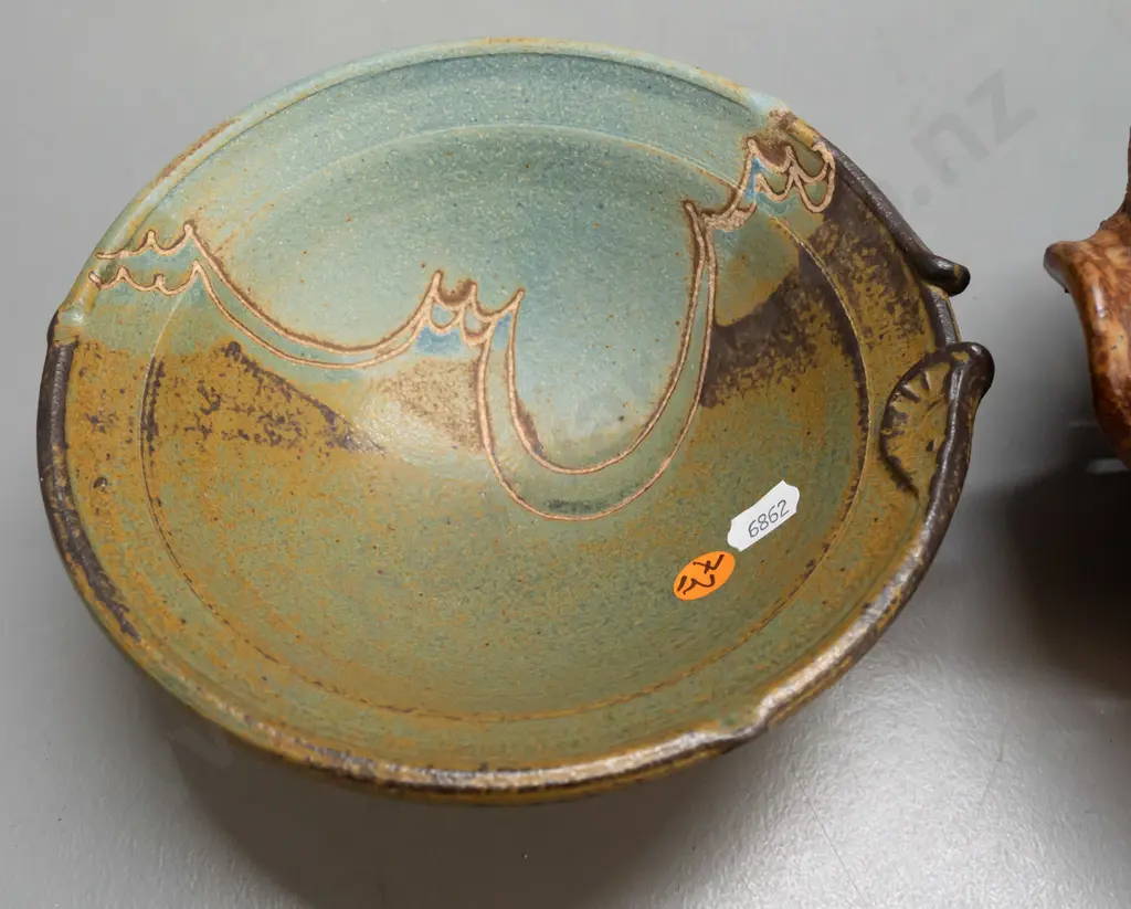 2 pieces of studio pottery - pierced colander with applied handles and a small bowl with applied decoration, unknown Image 1++