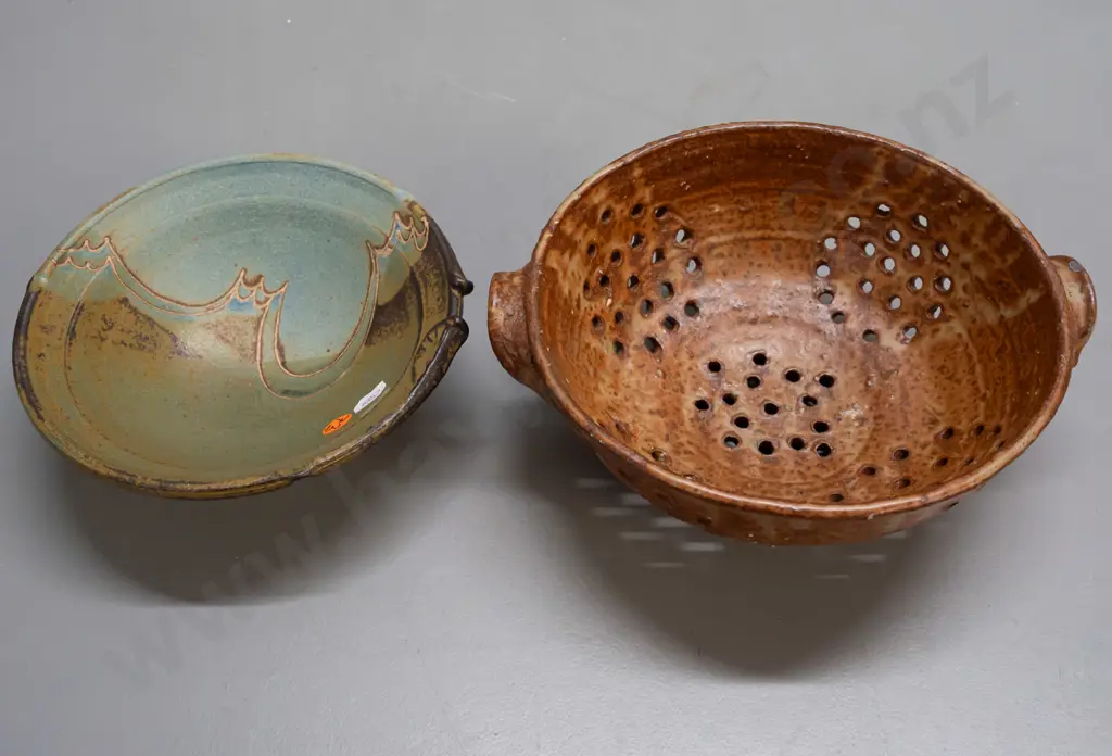 2 pieces of studio pottery - pierced colander with applied handles and a small bowl with applied decoration, unknown Image 1++