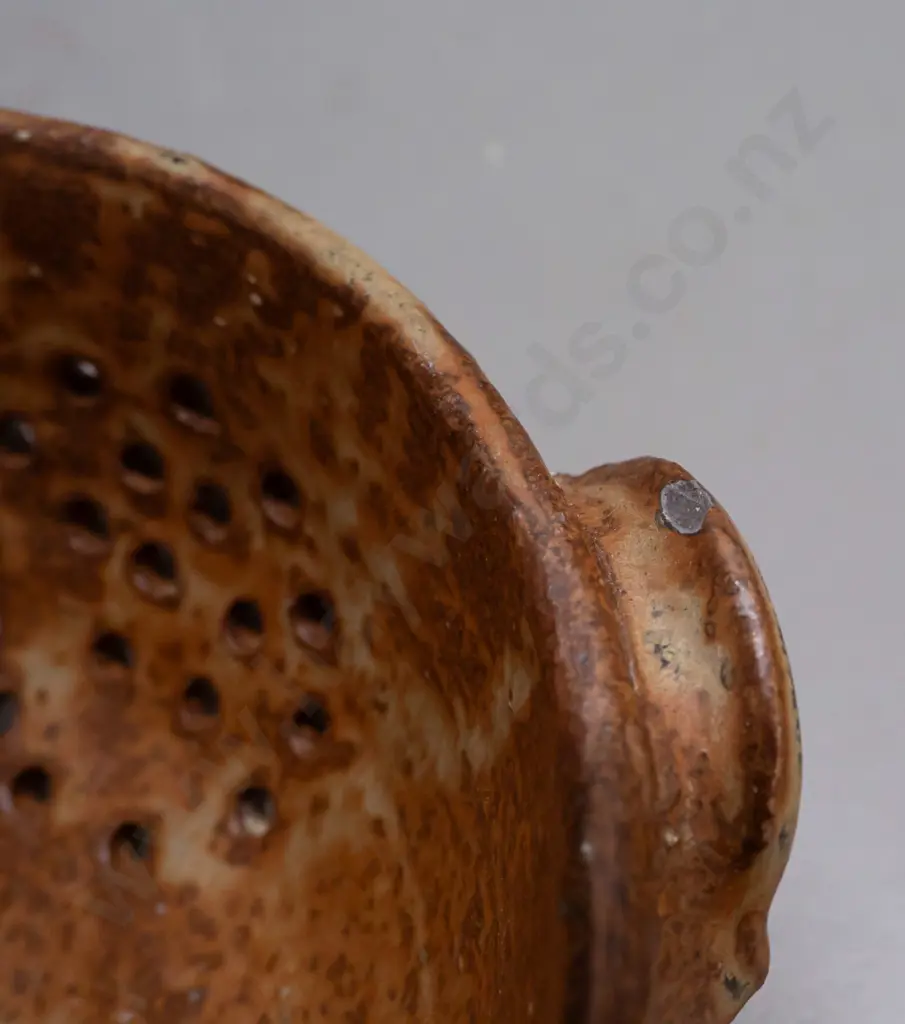 2 pieces of studio pottery - pierced colander with applied handles and a small bowl with applied decoration, unknown Image 1++