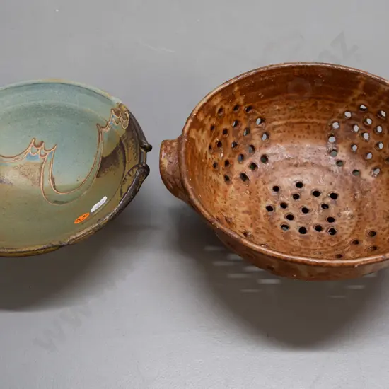2 pieces of studio pottery - pierced colander with applied handles and a small bowl with applied decoration, unknown