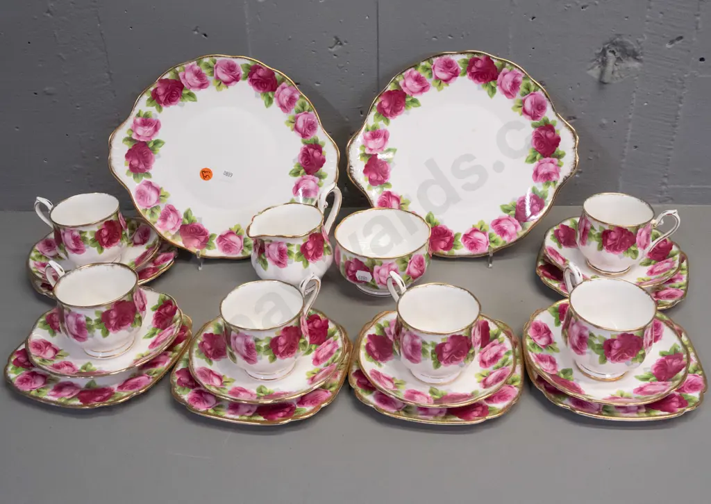 Royal Albert Old English Rose - 6 trios, cream, sugar and 2 cake plates. 3 cups and one cake plate have some staining Image 1++