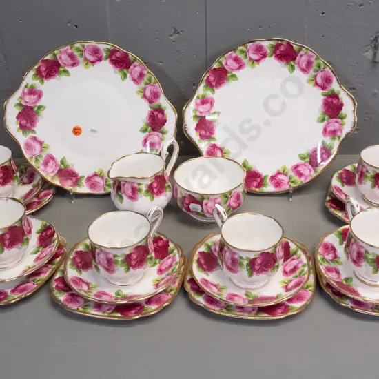 Royal Albert Old English Rose - 6 trios, cream, sugar and 2 cake plates. 3 cups and one cake plate have some staining