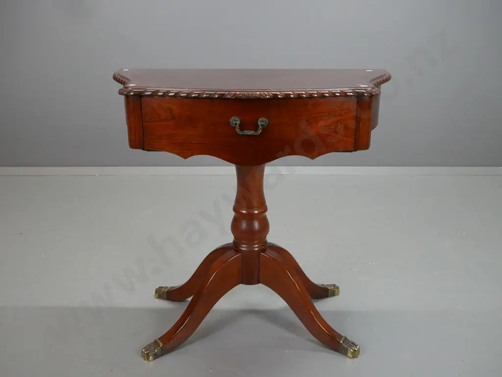 reproduction traditional style mahogany hall table with rope edge on shaped top, bowed front with single drawer, Image 1++