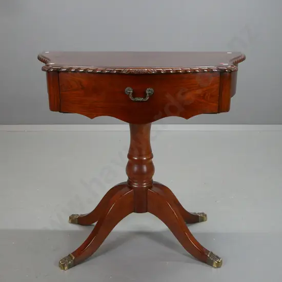 reproduction traditional style mahogany hall table with rope edge on shaped top, bowed front with single drawer,