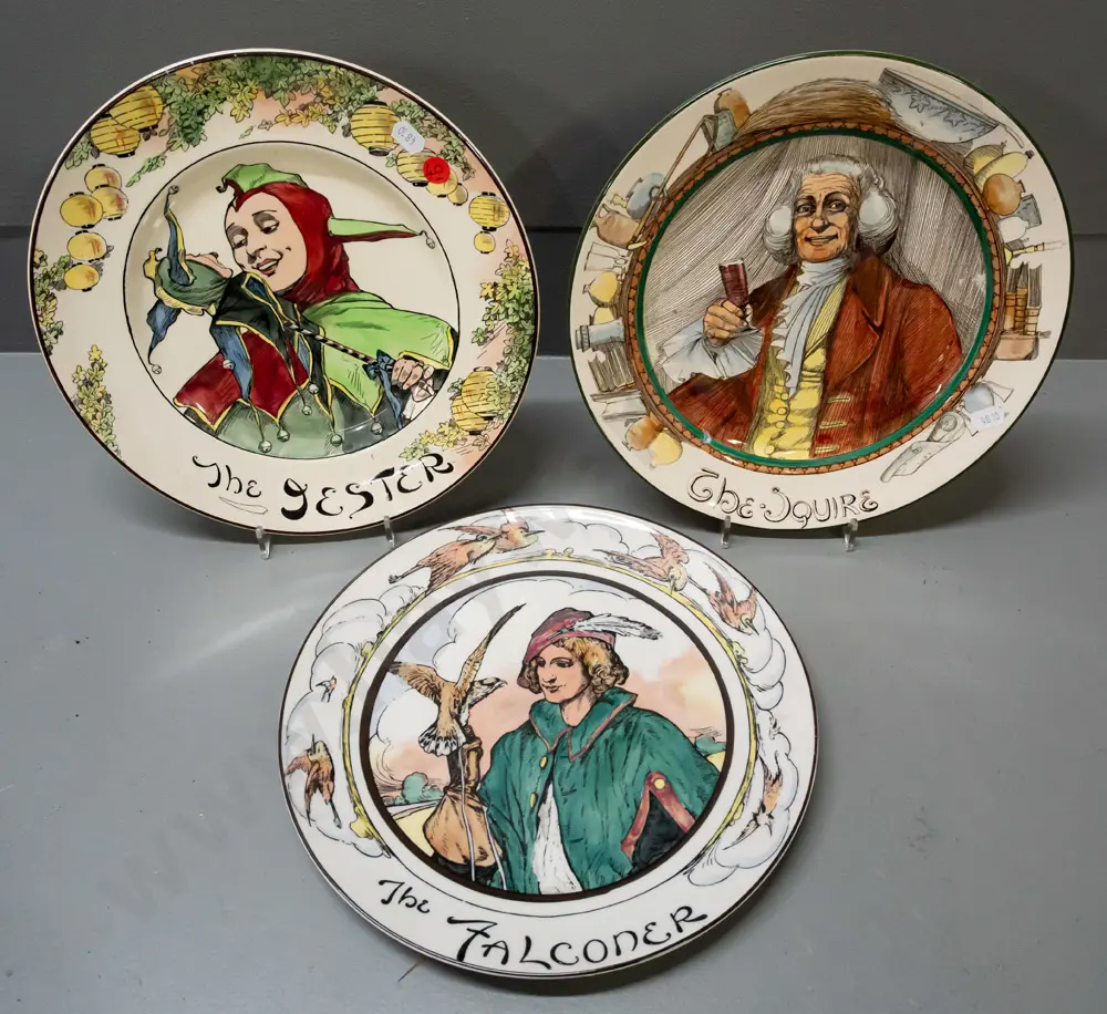 3 Royal Doulton "Professionals" series cabinet plates - Falconer, Jester & Squire D-265 One w/plate hanger glued to back Image 1++