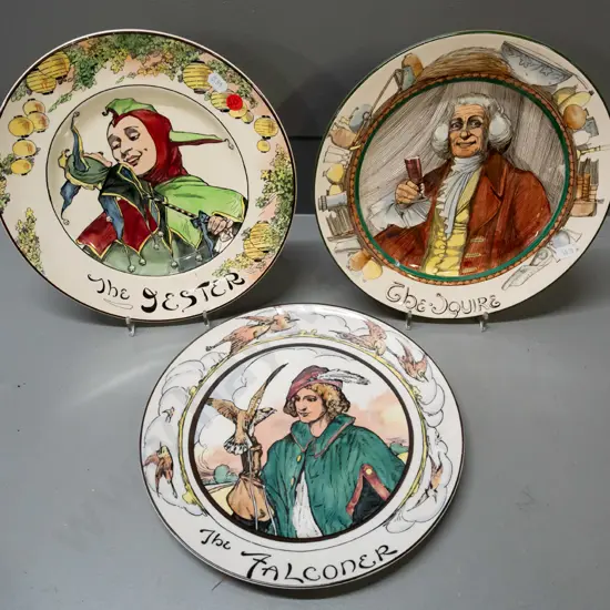 3 Royal Doulton "Professionals" series cabinet plates - Falconer, Jester & Squire D-265 One w/plate hanger glued to back