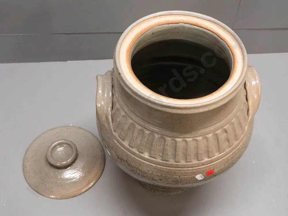 large New Zealand studio pottery lidded vessel with applied lug handles and band of fluted decoration - no maker's mark Image 1++