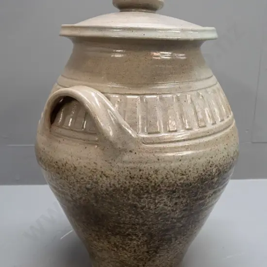 large New Zealand studio pottery lidded vessel with applied lug handles and band of fluted decoration - no maker's mark