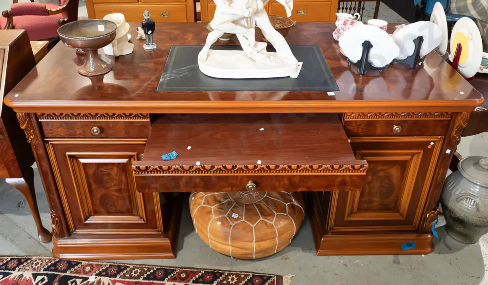 contemporary reproduction large double pedestal desk with walnut and mahogany veneer, moulded plastic decoration, brass Image 1++