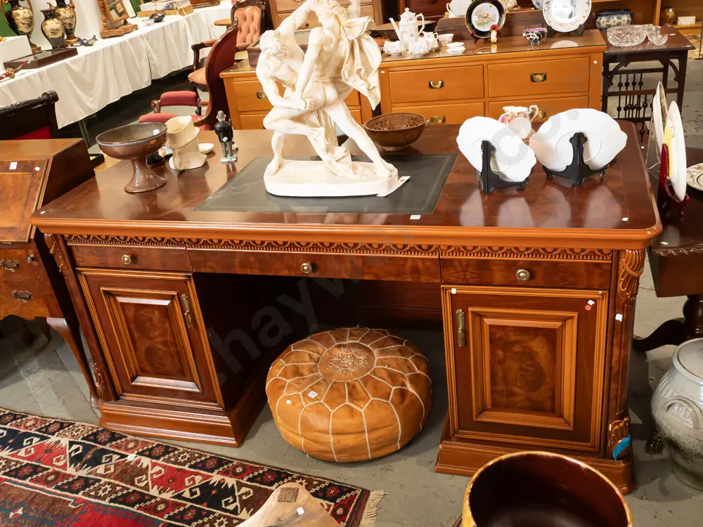 contemporary reproduction large double pedestal desk with walnut and mahogany veneer, moulded plastic decoration, brass Image 1++