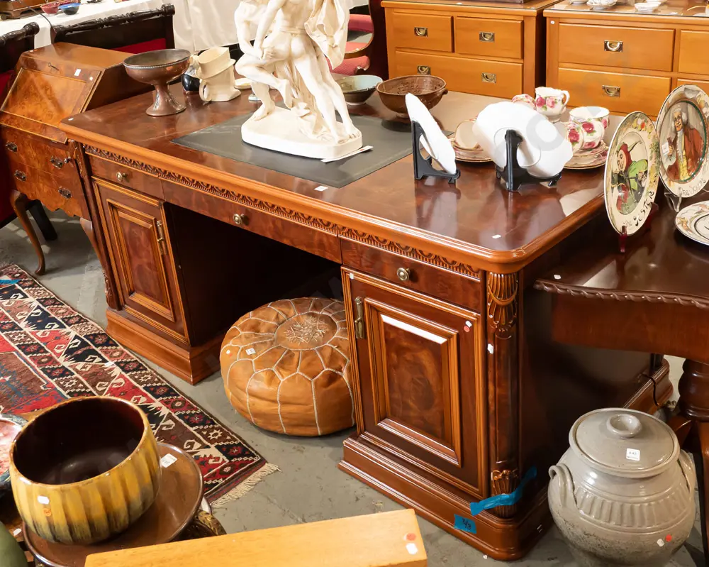 contemporary reproduction large double pedestal desk with walnut and mahogany veneer, moulded plastic decoration, brass Image 1++
