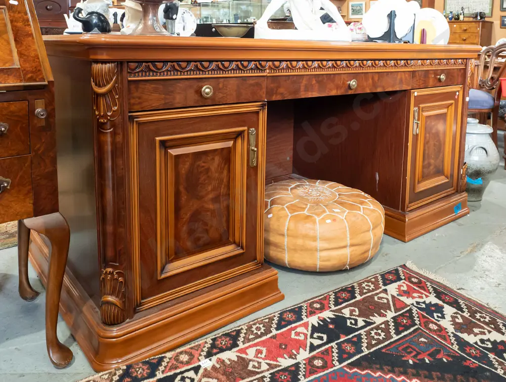 contemporary reproduction large double pedestal desk with walnut and mahogany veneer, moulded plastic decoration, brass Image 1++