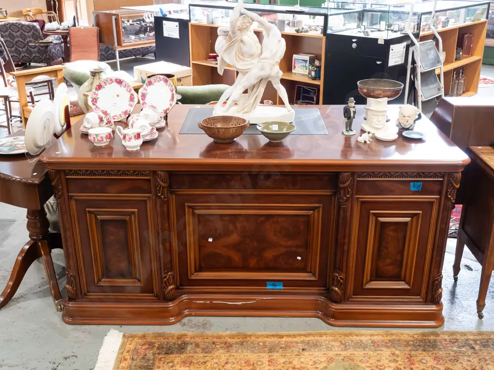 contemporary reproduction large double pedestal desk with walnut and mahogany veneer, moulded plastic decoration, brass Image 1++