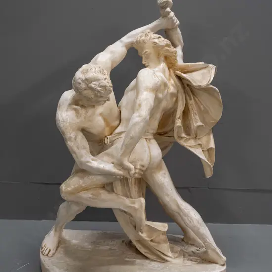 large reproduction of Johan Peter Molin grapplers or knife fighters figure, composite and plaster, aged finished, has