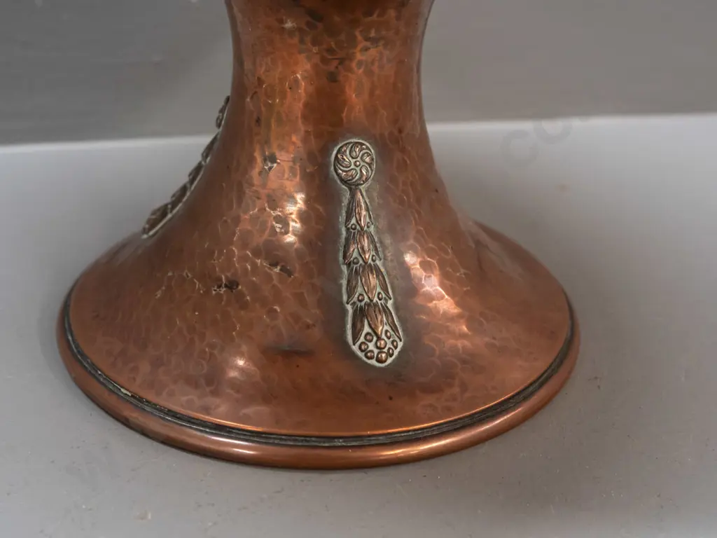 hand beaten copper comport with applied decoration on stem, remnant worn plating or lining to interior, has a few dents Image 1++
