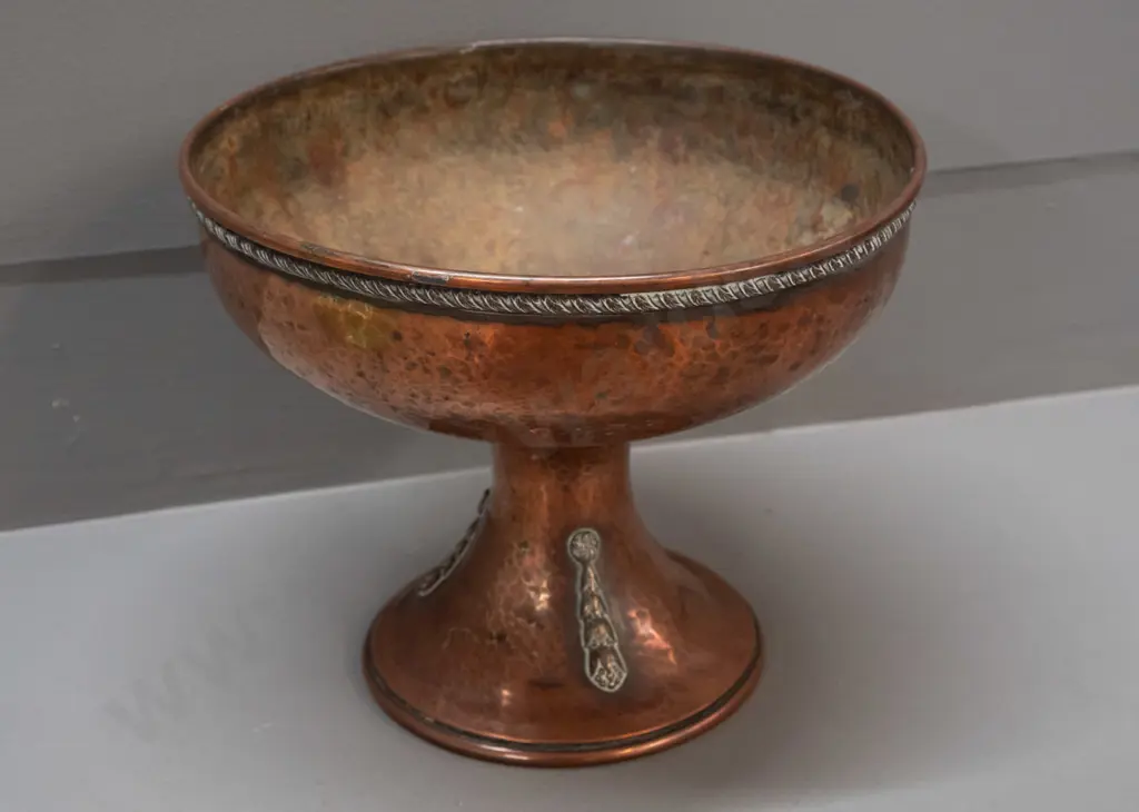 hand beaten copper comport with applied decoration on stem, remnant worn plating or lining to interior, has a few dents Image 1++