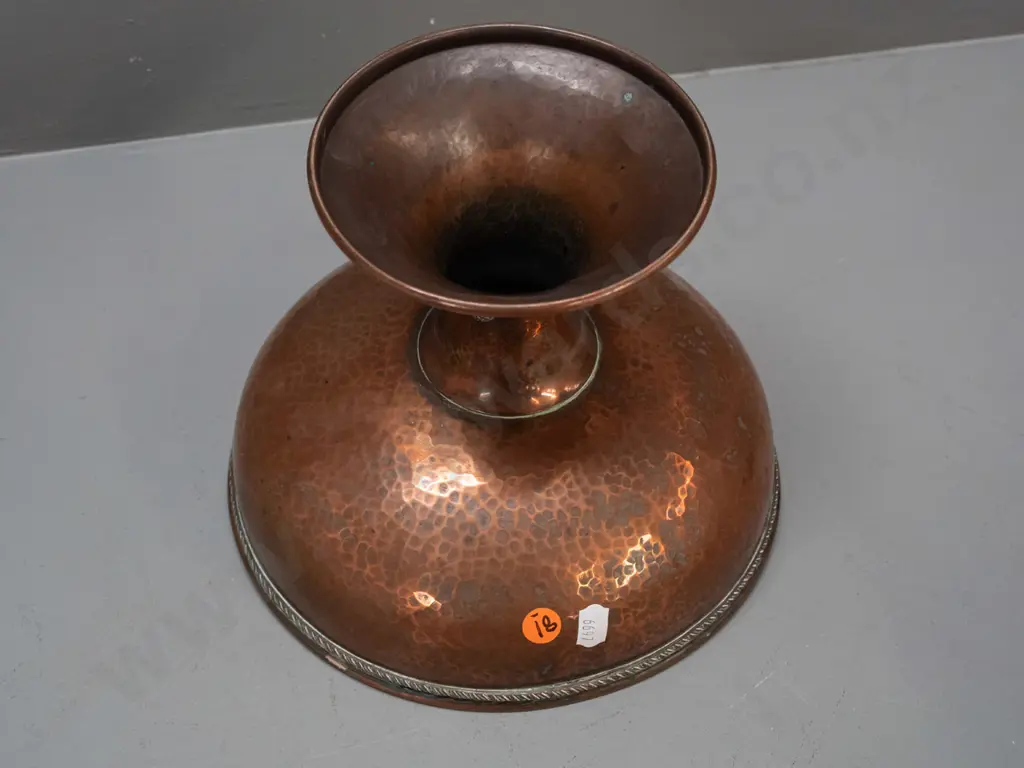 hand beaten copper comport with applied decoration on stem, remnant worn plating or lining to interior, has a few dents Image 1++