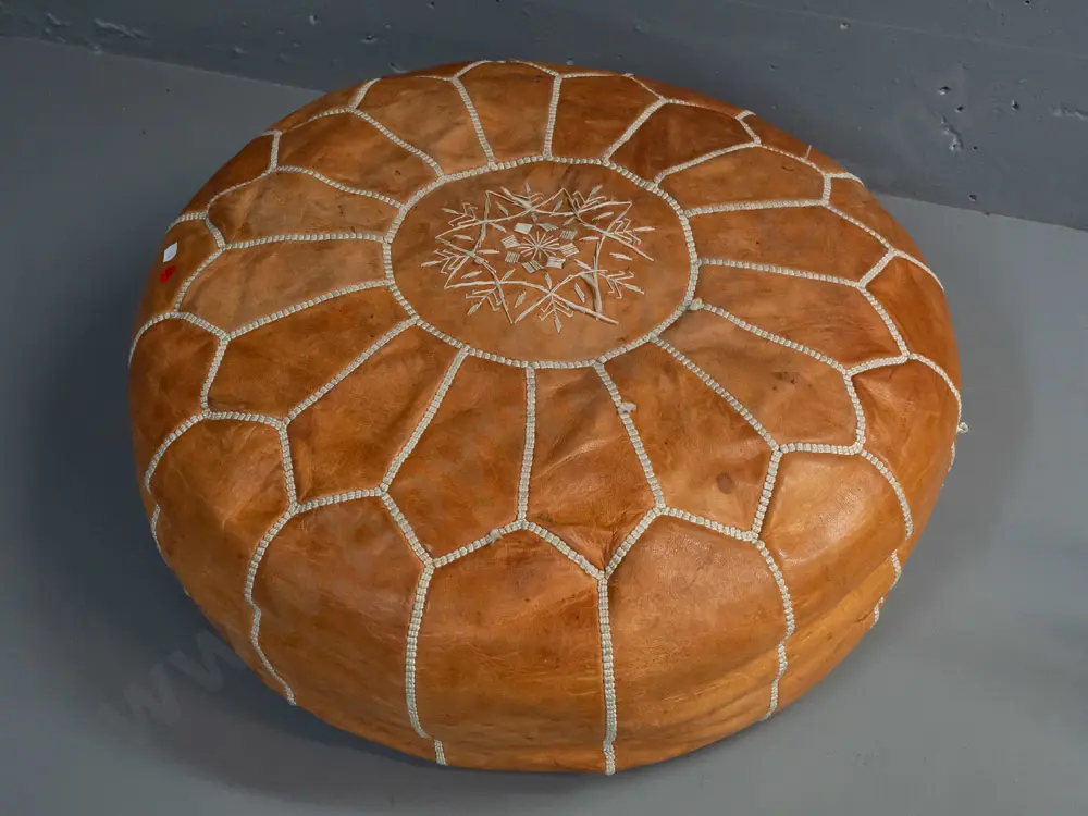leather pouffe with hand stitched decoration, zip in bottom, geometric shaped panels - wear to top Image 1++