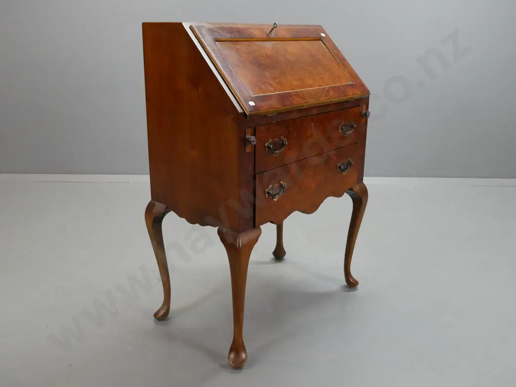 vintage beech and walnut small drop-front desk with figured walnut drawer fronts and slope, green tooled leather insert, Image 1++