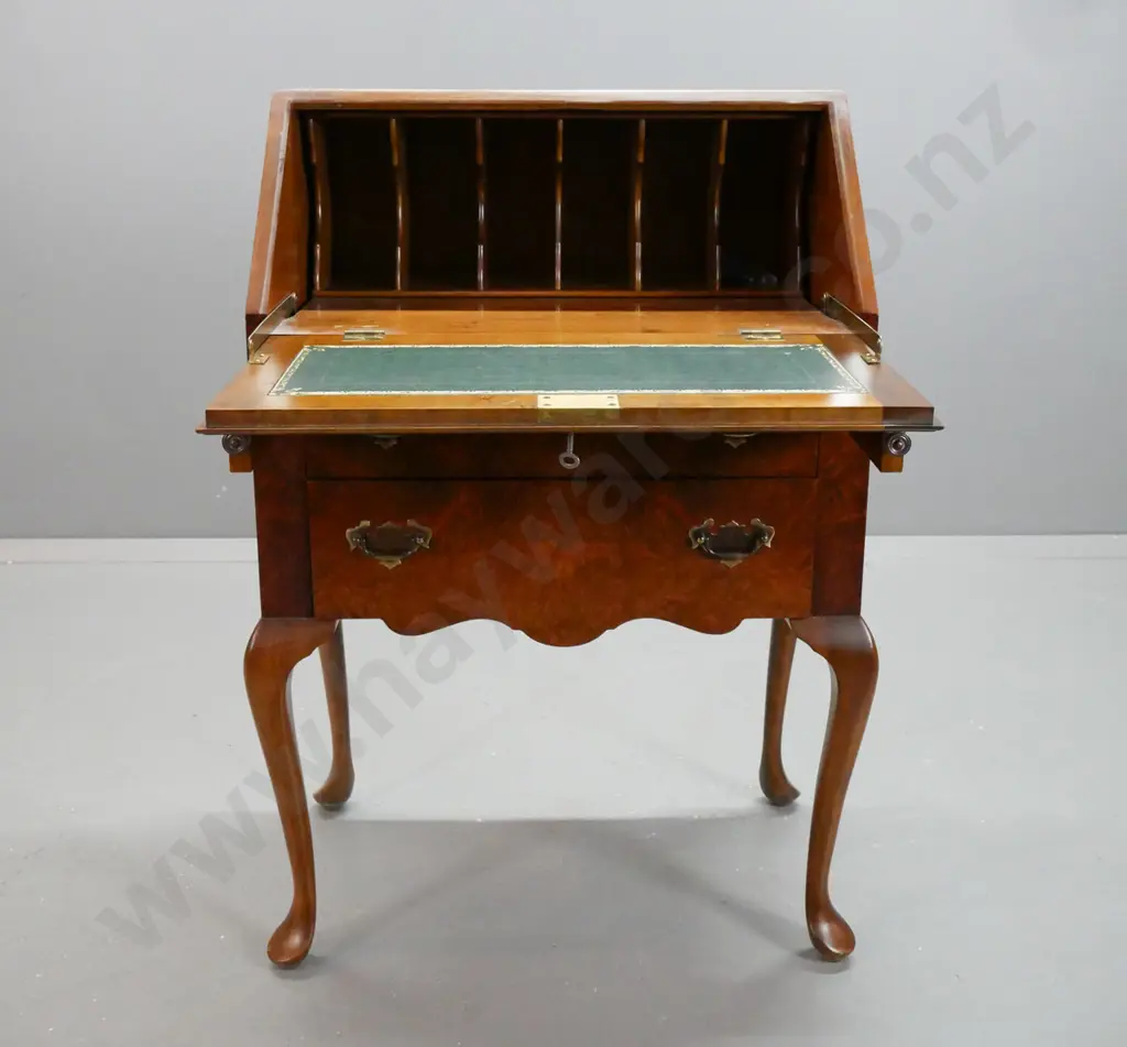 vintage beech and walnut small drop-front desk with figured walnut drawer fronts and slope, green tooled leather insert, Image 1++
