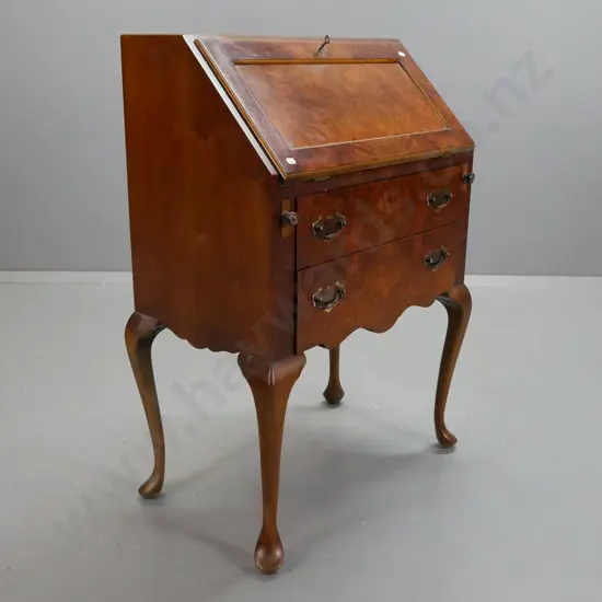 vintage beech and walnut small drop-front desk with figured walnut drawer fronts and slope, green tooled leather insert,