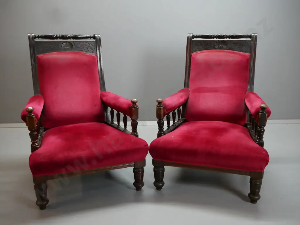 pair of late Victorian beech and mahogany open-armed armchairs with turned top rail, carved back and rails, turned front Image 1++