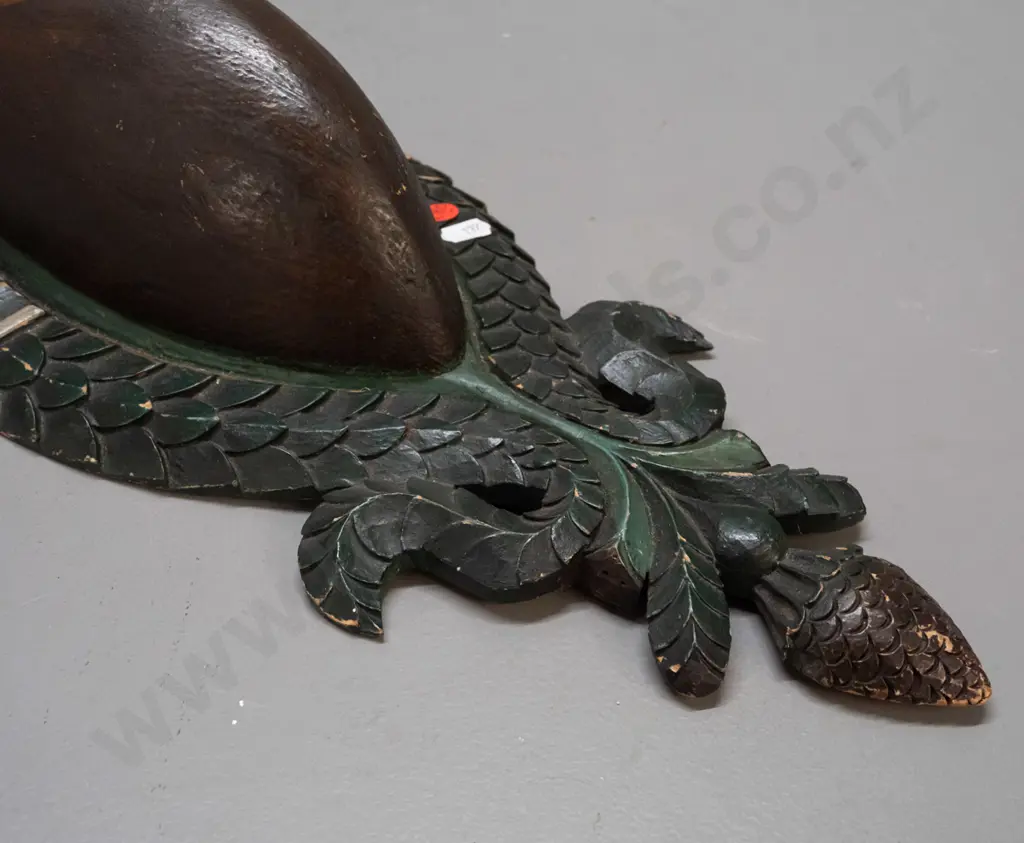 Black Forest carved wood chamois head, with real horns, on foliate carved shield backing board - some cracks and paint Image 1++