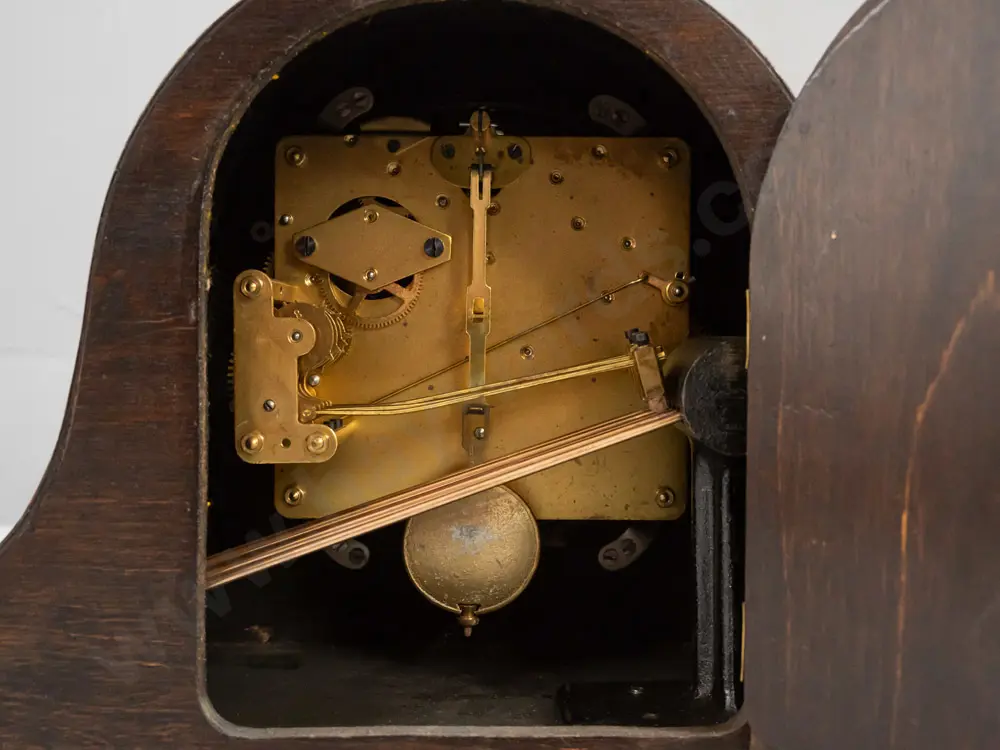 deco oak-cased chiming mantel clock with 1935 presentation plaque - on plated ball feet H-230 W-420 Image 1++