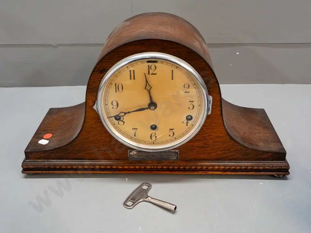 deco oak-cased chiming mantel clock with 1935 presentation plaque - on plated ball feet H-230 W-420 Image 1++
