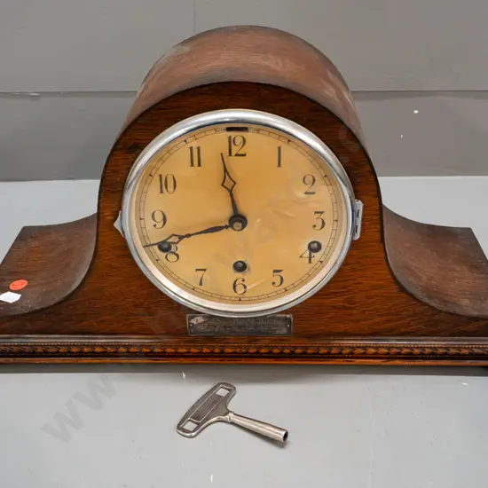 deco oak-cased chiming mantel clock with 1935 presentation plaque - on plated ball feet H-230 W-420
