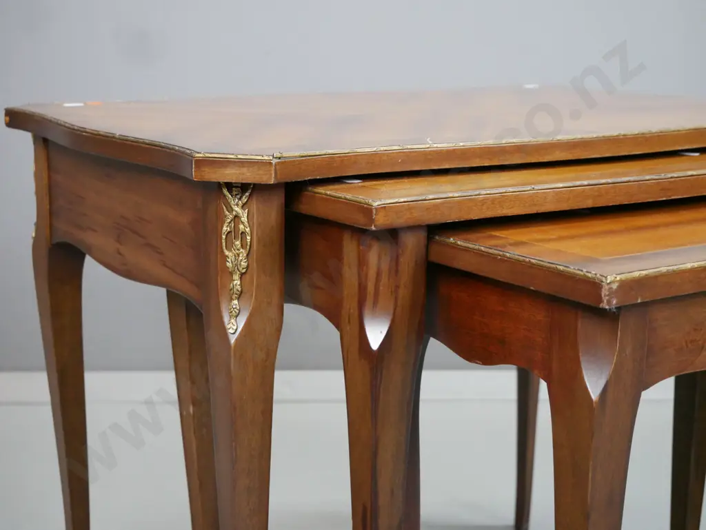 reproduction French style set of 3 nesting tables - cross banded walnut and mahogany with boxwood stringing, applied Image 1++