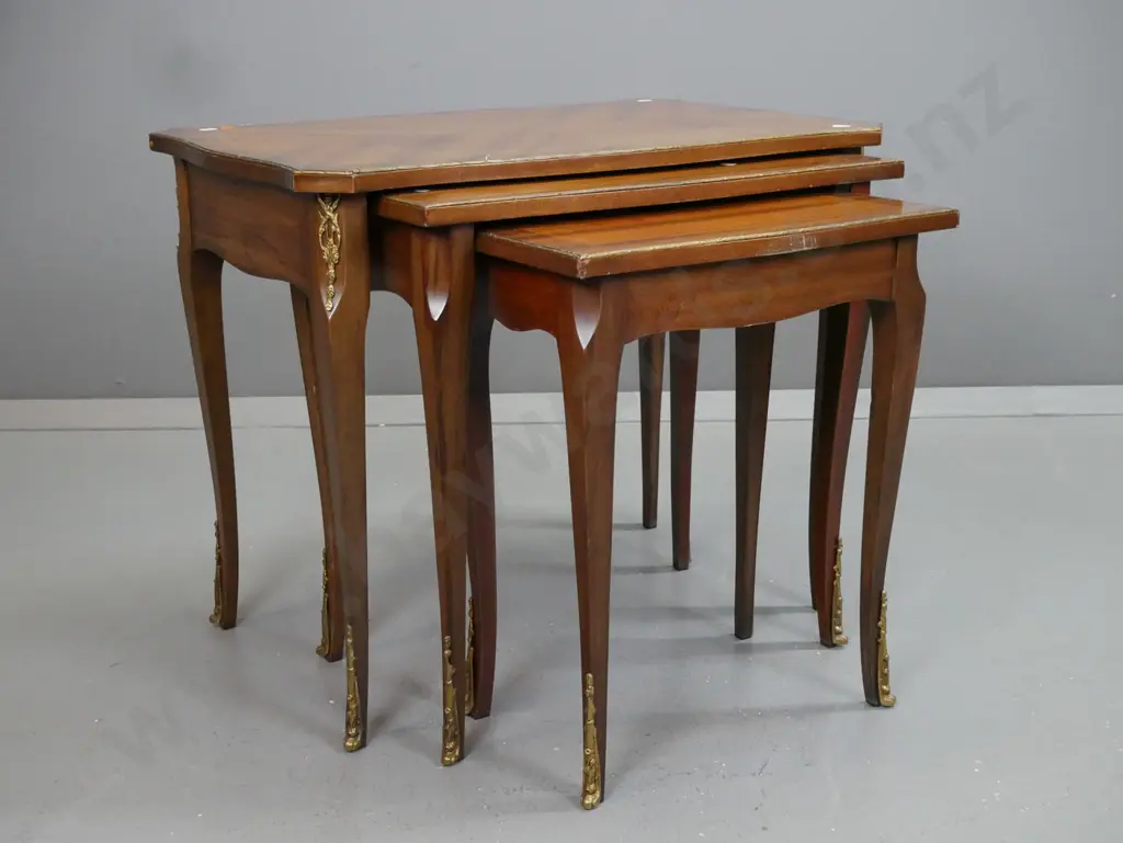 reproduction French style set of 3 nesting tables - cross banded walnut and mahogany with boxwood stringing, applied Image 1++