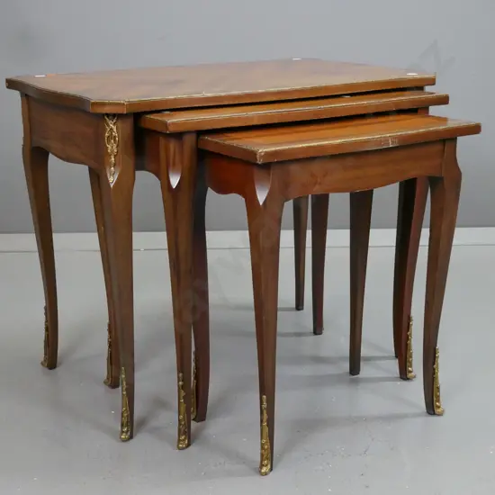 reproduction French style set of 3 nesting tables - cross banded walnut and mahogany with boxwood stringing, applied
