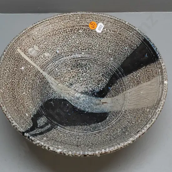 NZ studio pottery salt-glazed conical-shape bowl on circular rimmed foot - unknown maker's mark to base H-100 D-280