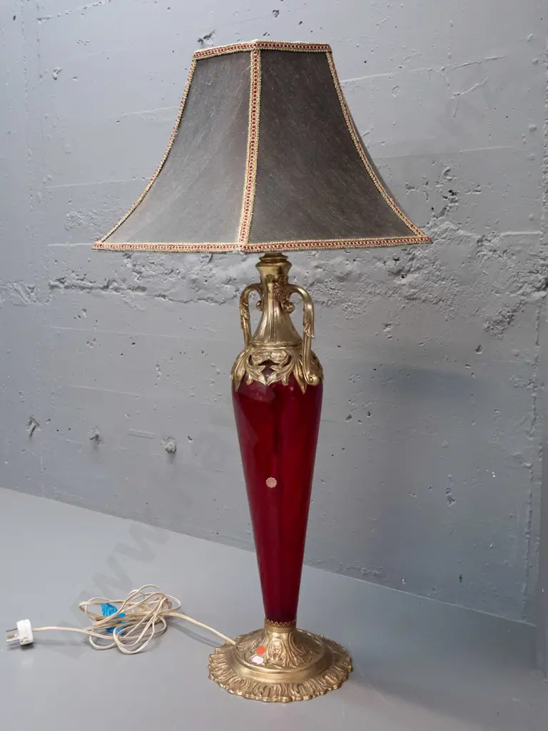 retro ornate Italian red glass table lamp with cast brass base and top, panelled shade with red and gold trim H-860 Image 1++