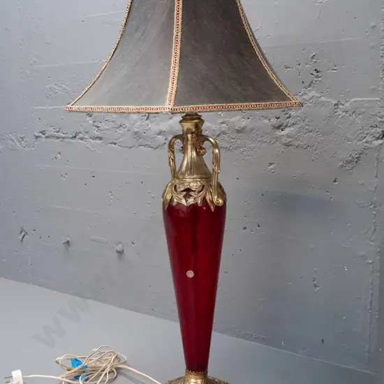 retro ornate Italian red glass table lamp with cast brass base and top, panelled shade with red and gold trim H-860