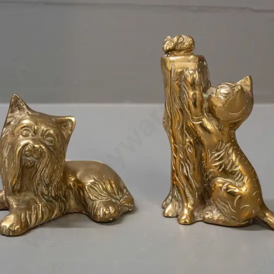 2 small polished cast brass figures - cat with mouse on tree stump H-100 and a dog
