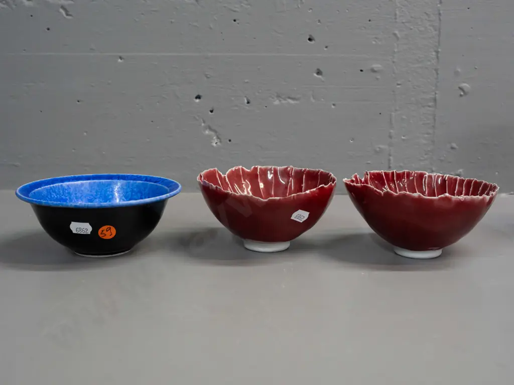 3 studio pottery bowls - Cath Wylie (Tasmania) blue crystalline glaze and 2 red with organic leaf forms, unknown maker's Image 1++