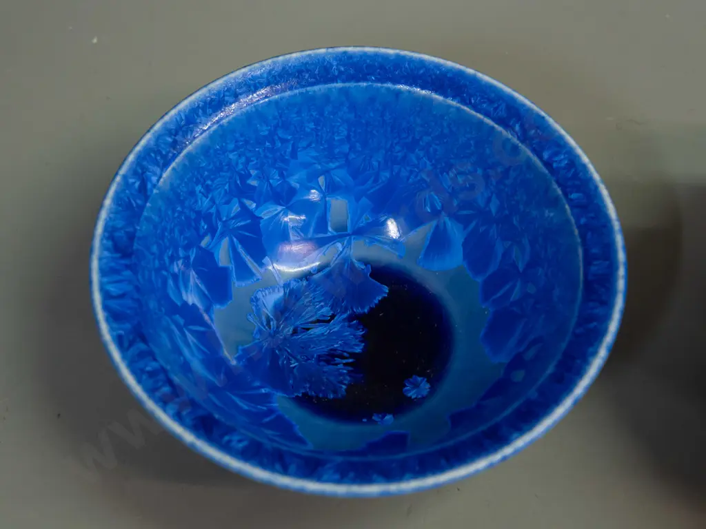 3 studio pottery bowls - Cath Wylie (Tasmania) blue crystalline glaze and 2 red with organic leaf forms, unknown maker's Image 1++