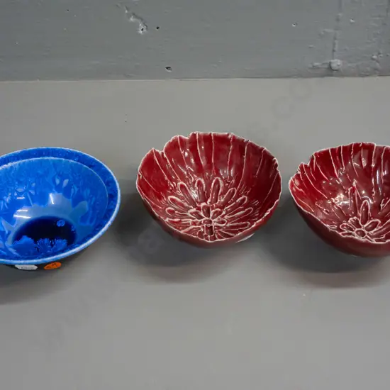 3 studio pottery bowls - Cath Wylie (Tasmania) blue crystalline glaze and 2 red with organic leaf forms, unknown maker's