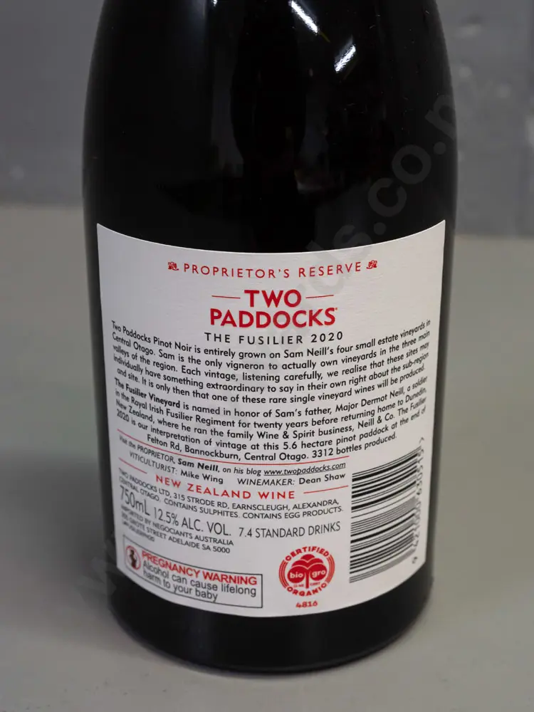 Two Paddocks 2020 "The Fusilier" Proprietor's Reserve Bannockburn vineyard organic pinot noir 750ml bottle of red wine Image 1++