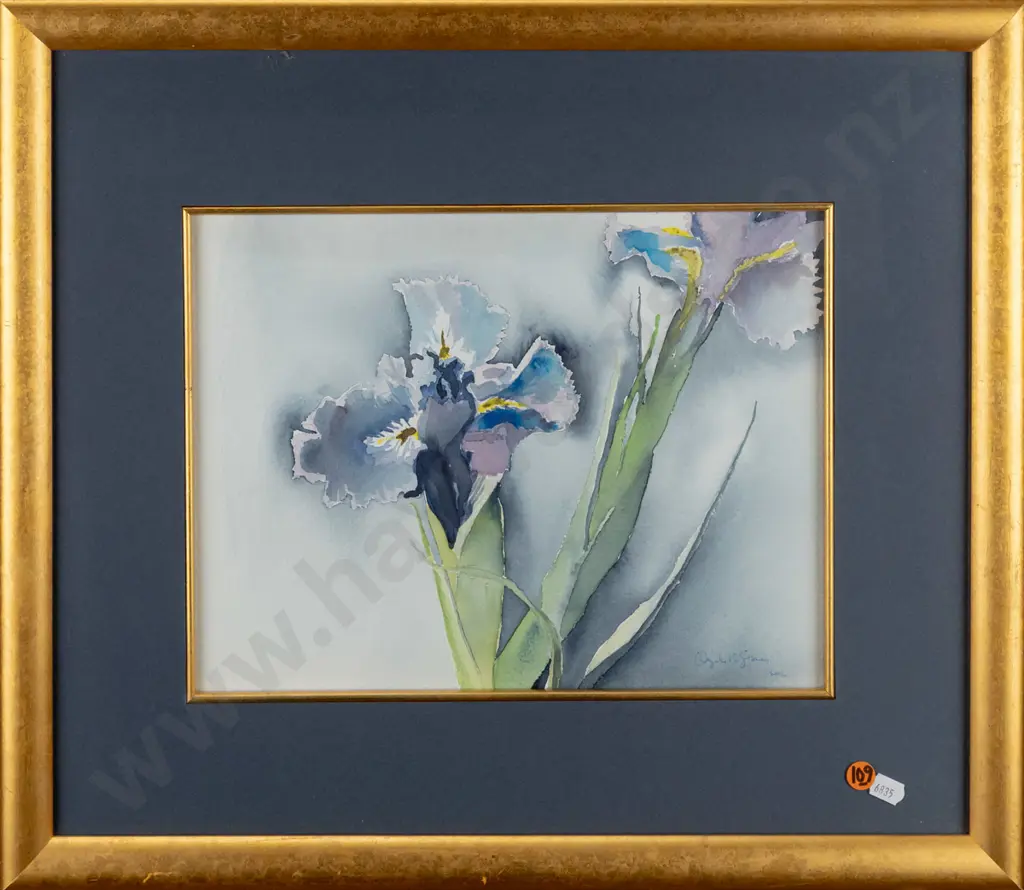 Elizabeth Stoney (Aus) 2002 -- framed watercolour on paper "Lone Pine Iris" H-230 W-305 Image 1++