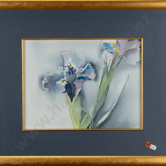 Elizabeth Stoney (Aus) 2002 -- framed watercolour on paper "Lone Pine Iris" H-230 W-305
