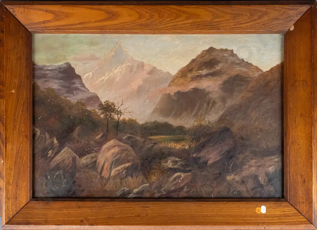 MB - framed oil on board - mountain scene H380 W590 (slight damage to paint and frame) Image 1++