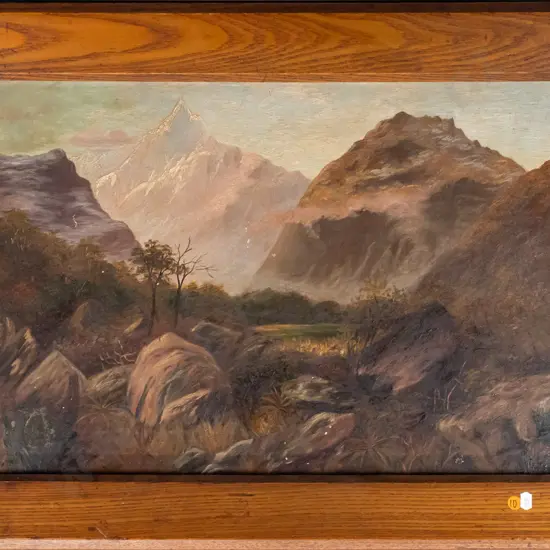 MB - framed oil on board - mountain scene H380 W590 (slight damage to paint and frame)