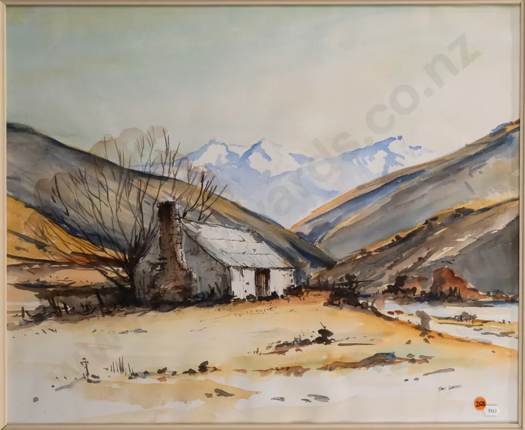 Robert Anderson 1980 -- framed watercolour on paper, "Polsons Flat Hut, Dry Creek Stn, Fairlie" H-480 W-590 Image 1++