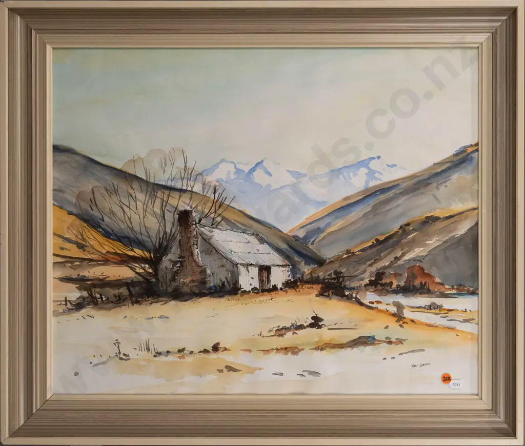 Robert Anderson 1980 -- framed watercolour on paper, "Polsons Flat Hut, Dry Creek Stn, Fairlie" H-480 W-590 Image 1++