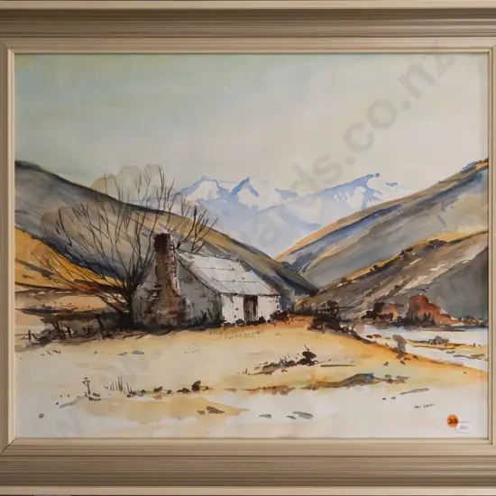 Robert Anderson 1980 -- framed watercolour on paper, "Polsons Flat Hut, Dry Creek Stn, Fairlie" H-480 W-590